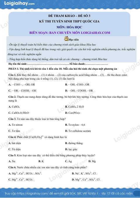 Đề tham khảo thi Hóa THPT (Đề số 3) - có lời giải chi tiết